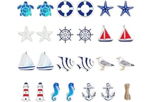 BSSMMAI 15 sztuk morskich zawieszek, dekoracja morska, zestaw dekoracyjny, morski zestaw zawieszek dekoracyjnych, rozgwiazda, łódź, kotwica, latarnia morska, ryba, palma kokosowa, do mini sieci rybackiej,