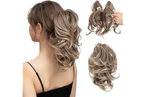CJL HAIR Claw Clip Short Ponytail Hair Extensions DIY Bendable Metals Messy Bun Hair Piece for Wonen Wavy Curly Synthetic Fake Hairpieces Brown to Ash Blonde