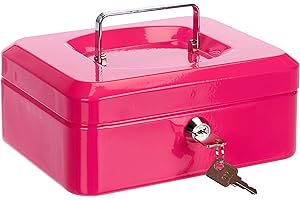 Pavo - Metalowa kasetka na pieniądze, rozmiar: 21x17x10 cm z 2 kluczami i wyjmowaną tacą na drobne - różowa