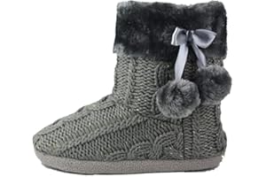 AIREE FAIREE Chaussons Femme Bottines avec Pompons - Chaussons Bottes Confortables pour Dames avec Semelle Antidérapante et Fausse Fourrure - Chaussons Boots Femme