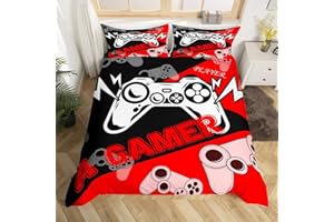 HOMEWISH Juego de ropa de cama para niños de 155 x 220, juego de ropa de cama para niños, jóvenes, juego de videojuegos, reversible, rojo y negro, funda de edredón estético, 1 funda de almohada