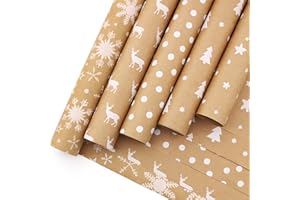HBell Christmas Wrapping Paper Rolls,5 Rolls 44cm x 3M Christmas Wrap Paper,Brown Kraft Wrapping Paper Roll,Snowflake Elk Xmas Tree Wrapping Paper for Christmas,Party,Festive Decorations