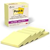 Post-it%100 Geri D&ouml;n&uuml;ş&uuml;ml&uuml; Kağıt S&uuml;per Yapışkan Notlar, Kanarya Sarısı, 3 in&ccedil; x 3 in&ccedil;, 5 Yapışkan Not Defteri, Her Ped i&ccedil;in 7