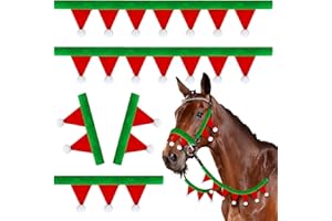 Abbylike Christmas Horse Felt Bridle Sets: 2 Pcs Bridle and Rein Covers 1Pcs Nose Pad 2 Pcs Cheek Pads Mini Santa Horse Bridles and Reins Covers with White Balls for Holiday Christmas