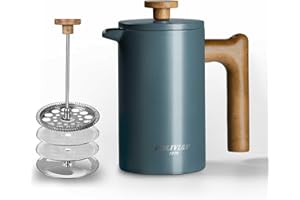 POLIVIAR 7379 POLIVIAR Cafetiere 4 Cup, French Press Coffee Maker with Wood Handle, Double Walled Insulated Cafetiere &1 Extra Filter, Insulated 600ml French Press for Coffee & Tea, Includes 1 Extra Filter