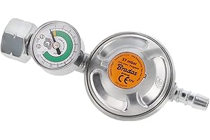 BFG Regulador de Gas Propano para Bombona, Cocina de Camping, Barbacoa Portátil, 37mbar, 1.5kg/h, Rosca 21.8 x 1.14L, para Manguera de 9-11mm, Indicador de Nivel de Gas, Norma EN16129