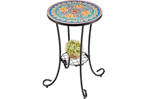 VONLUCE Table de Jardin de Style Mosaïque, Table de Jardin Ronde de 2 Etages, Table d'Appoint en Mosaïque de Pierre de Dia. de 35,5CM (2 Etages, Rouge et Bleu)