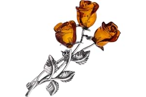 AMBEDORA Women’s Brooch, Oxidised Sterling Silver, Hand Carved Amber Roses, Silver Brooch with Three Amber Roses in Cognac Colour, 5g