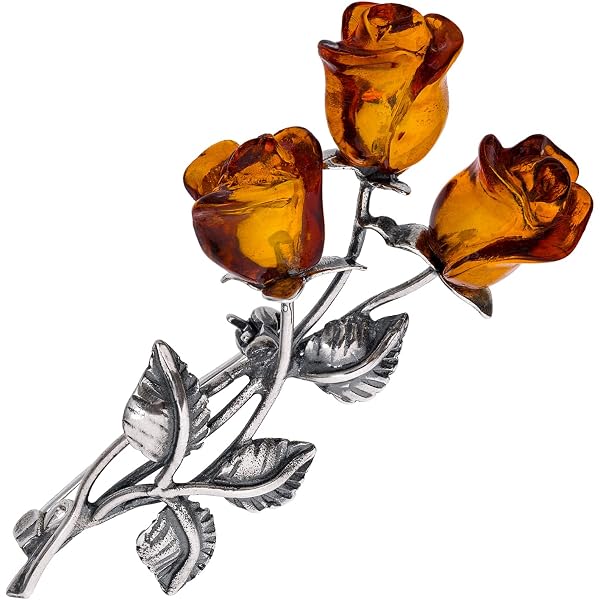 Broche Bouton De Rose En Argent 925 Et Ambre Miel - Bijou Vintage - Occasion