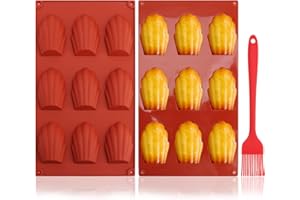 KODWIS Lot de 2 Moule Madeleine Silicone, 9 Cavités Moules à Madeleine avec Brosse Antiadhésifs Moule à Madeleine en Silicone en Forme de Coquille pour Biscuits Chocolat Bonbons Pudding (Rouge Brique)
