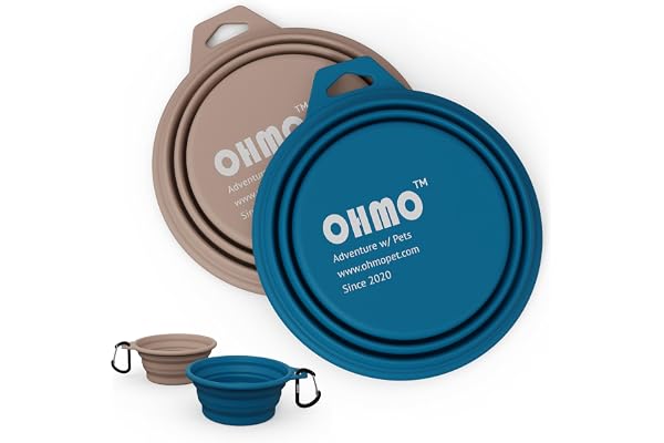 OHMO Gamelle Pliable pour Chien, (Lot de 2, 400ml, Bleu et Beige) Bols en Silicone de qualité supérieure pour Animaux de Compagnie pour Chats et Chiens, gamelle de Voyage pour Chien Portables