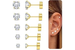 CASSIECA 5 Paires Acier Inoxydable Boucles d’Oreilles pour Homme Femme Unisexe Boule Helix Clous d’Oreilles Ronde Cartilage Piercing Oreille CZ, 2-6MM