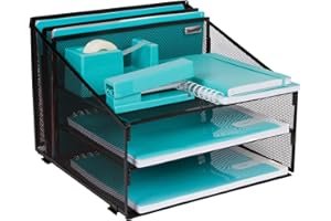 Dasher Products Organizer da scrivania in rete metallica con 3 vassoi carta e 2 sezioni verticali verticali per A4, cartelle, cancelleria e accessori da scrivania