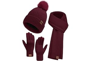 heekpek Mütze Schal Touchscreen Handschuhe Set für Damen Winter Frauen Geschenkset Beanie mit Bommel Fleece Gefütterte Warm Wintermütze 3 in 1 Set