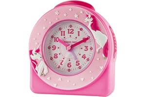 Jacques Farel ACW50 Réveil analogique à quartz pour enfant/fille Motif de licornes et étoiles en 3D Rose vif/rose clair Réveil sans tic-tac et avec fonction snooze