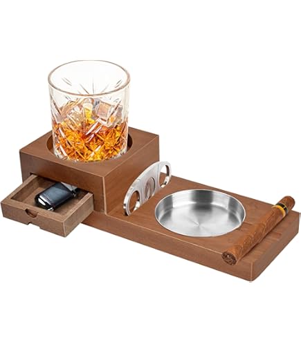 Holz-Zigarrenaschenbecher Mit Whiskyglas-Ablage & Zigarrenschneider-Halter – Stylische Deko Für Bar, Büro Oder Zuhause