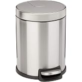Amazon Basics Cubo de basura peque&ntilde;o Cil&iacute;ndrica de cierre suave con pedal, para ba&ntilde;o y espacios peque&ntilde;os, 5 l, acero inoxidab