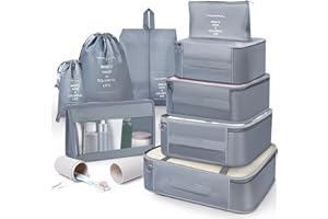 OBSGUMU Packing Cubes for Suitcases,10 Pcs Compression Organiser Bags for Backpack,Luggage Packing Organizers,Waterproof Travel Essentials Clothes Shoes Storage Bag(Grey)