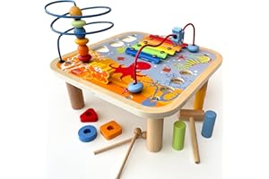 Bee Smart - Multi-function Wooden Activity Table 5-in-1 Centre, Xylophone, Hammer Bench, Shape Sorter and Bead Maze
