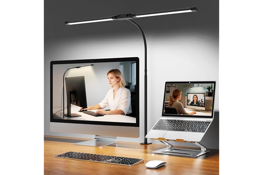 Woputne Desk Lamp with Clamp, Super Wide & Bright, 5 Color Modes x 10 Brightness Levels, 960LM, 12W Computer Monitor Table Light, Flexible Dual Head Monitor Light for Office, Study, Crafts & Drawing