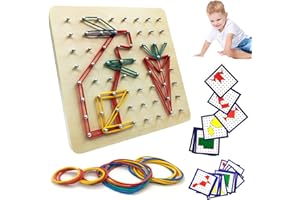 GOUJFOL Geoboard de Madera Montessori Juguetes con Tarjetas y Bandas Goma, 8x8 Pasadores Tablero Puzzle Infantiles Matematicas Forma Geometría Rompecabezas Juegos Educativos Niños