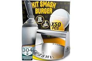 SMASHI BURGER SMASHI® Smash Burger Kit Profesional Acero Inoxidable 304 Certificado EU Contacto Alimentos | Prensa Hamburguesas Smasher + Espátula Smash + 50 Papeles | El Auténtico Kit Smash Burger