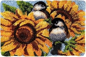 VIONNPPT Blumen Vögel Serie Knüpfteppich Set für Kinder Erwachsene Zum Selber, Teppich Rasthaken Knüpfen Set mit Vordruck, DIY 3D Handwerk Geschenk (Sonnenblume,50cmx38cm)