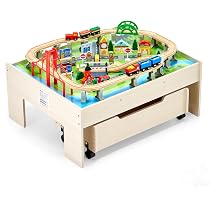 Table Circuit Train En Bois VEVOR – 84 Pièces, Double Face, Bac De Rangement Pliable
