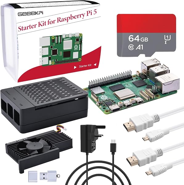 GeeekPi Starter Kit for Raspberry Pi 5 4GB, with Raspberry Pi 5 & Armor Lite V5 Active Cooler, ABS Case, 64GB Card, Card Reader, 2pcs 4K HDMI Cables and 27W USB C Power Supply - 1