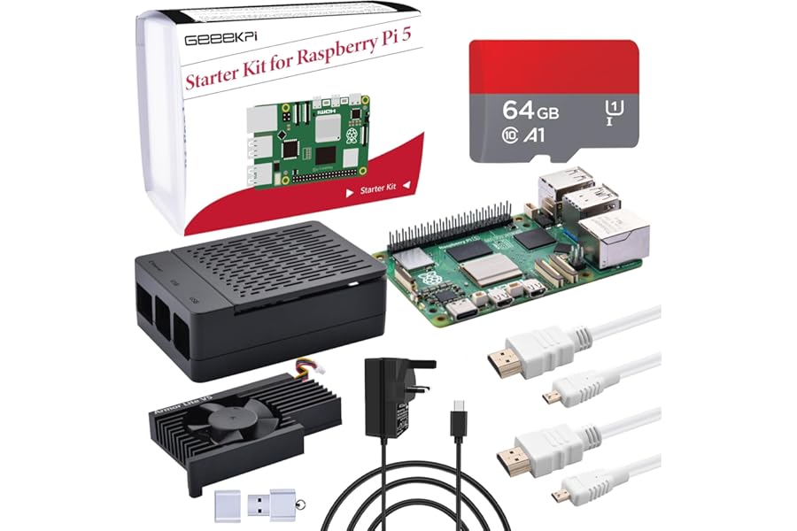 GeeekPi Starter Kit for Raspberry Pi 5 4GB, with Raspberry Pi 5 & Armor Lite V5 Active Cooler, ABS Case, 64GB Card, Card Reader, 2pcs 4K HDMI Cables and 27W USB C Power Supply