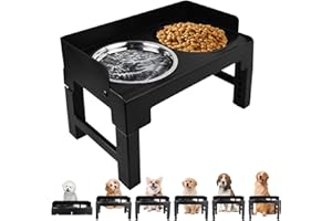 Dokeno Comedero Perro Elevado con 5 Alturas Ajustables, Antivoracidad y Cuencos de Acero Inoxidable, Negro, para Perros Medianos y Grandes
