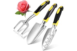 SHOWVIGOR Garden Tool Set 3 Piece Aluminum Gardening Tools Kit with Rake,Shovel&Graduated shovel .Garden Trowel & Hand Wide Shovel Pointed with Soft Rubberized Non-Slip Ergonomic Handle for Planting(Yellow)
