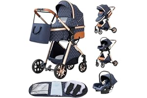 YAZOCO kinderwagen 3 in 1 Buggy Babybett Komplett Set Einem Klick Zusammenklappbarer Kinderwagen, KombiKinderwagen Aluminiumrahmen für Neugeborene Sitzzubehör (4 blau)
