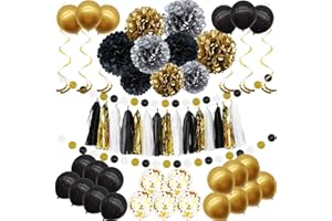JEACKCELLE Jackcelle Party Dekorationssatz, 57 Stücks Schwarz-Gold Dekoration, Balone, DIY Blumen und Garlands für Geburtstage, Neujahrs- und Karnevalspartys