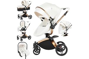 Magic ZC 360° Rotación Cuero PU Carrito Bebe 3 en 1, Carro 3 Piezas con Asiento Convertible Giratorio 360°, Carricoche Bebe Plegado con Un Solo Clic, Cochecito Tres Piezas (906 White)