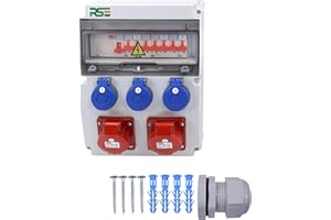 RSE Distributore di corrente da parete completo cablato, 32 A, 16 A, 230 V, con contatore CEE IP65, 11. 2 x 16a 3 x 230 con LS+FI