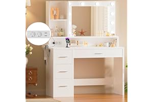 JUMMICO Tocador con iluminación LED y enchufes, tocador con Espejo, Mesa cosmética con 4 cajones, 10 Bombillas LED, Color Blanco