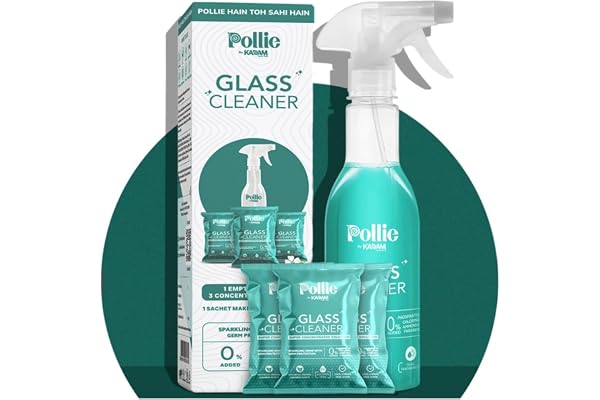 Pollie Glass Cleaner 1.5L 1 Bottle+ 3 Refills 1 Sachet Makes 500mL For Cars, Mirror, Kitchen & Bathroom Glass Surfaces Alcohol-Free, Dual Fragrance, Non Toxic Formulation