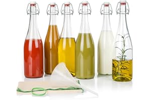 myFERMENTS - Glass Bottles with Caps | 6 x 750ml Fermentation Kit | Airtight Porcelain Seal | Includes Funnel & Muslin Cloth | For Beer, Kombucha, Kefir | Transparent, Porcelain Glass