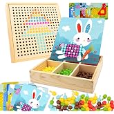 Gohytal Mosaic Plug-In Game for Children Toy from 2 3 4 5 Years Wooden Mosaic Craft Set Children Pegboard Forks with Beads & Cards Montessori Plug-In Game 3D Gifts for Boys Girls Farm