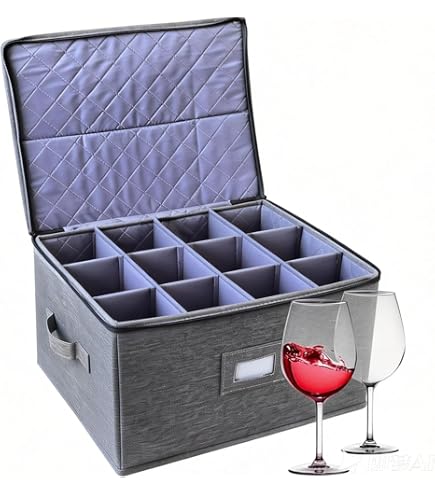 Weinglas-Aufbewahrungsbox mit Deckel, Hartschalen-Behälter für Stielgläser, Verpackungsboxen zum Bewegen von Kristallgläsern, Champagnerflöte, für Küche, Camping, Wohnmobil, 12 Trennwände für Küche, Haushalt & Wohnen