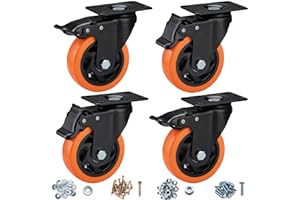 Castors, Heavy Duty Castor Wheels, 100mm Swivel Castors with Brake (Top Plate) - ASRINIEY Caster Wheels Set of 4, Casters and Wheels for Furniture, Non Marking Orange Polyurethane Trolley Wheels