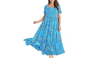 YESNO Damen Kleider Freizeit Lose Sommerkleid Lang Boho Maxikleid für Rundhals Strandkleid Blumenkleid EJFDE