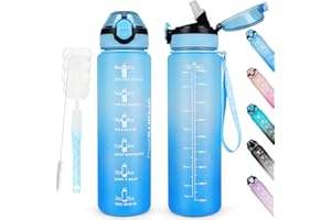 AOHAN Water Bottles 1L BPA Free Sport Drinking Bottle with Straw, Dishwasher Safe Lock Cover Leakproof Motivational Water Bottle with Time Markings, Non-Toxic Canteen Bottle (Blue) (SH0008)