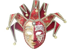 MICG Volto Resin Music Venetian Jester Mask Full Face Masquerade Bell Joker Wall Decorative Art Collection (Red)