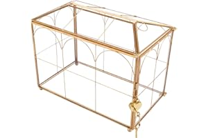 LOLYSIC Glass Card Box with Slot and Lock for Wedding, Party Reception, Wishwell Keepsake, Donation, Geometric Decorative Glass Terrarium Box Gift Card Box, 26x14.5x21.3cm, Gold