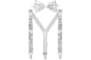 Jadive 2 Pcs Pailletten Hosenträger Set Y Clip mit Glitzer Fliege Krawatte Schleife Kostümzubehör für Disco Karneval Halloween Mottoparty