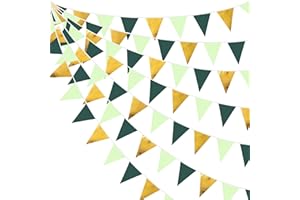 PINK BLUME 32Ft Dark Green Gold Bunting Banner Party Decorations Fabric Triangle Flag Pennant Garland Streamer for Birthday Wedding Spring Summer Botanical Baby Bridal Shower Nursery Outdoor Garden Hanging Decor