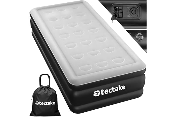 tectake® Luftmadrass med Inbyggd Pump, Bekväm Topp, Självuppblåsbar Madrass, Tåligt Vattenavvisande Material, Extra Ventil, Inkluderar Bärväska, Reparationsplåster 200 x 101 x 44 cm