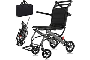 WISGING Ultraleichter Transportrollstuhl (nur 6,8kg), Klappbarer tragbarer Rollstuhl mit Handbremse, Trolleys für ältere Menschen Flugreisen, Rollstühle für Erwachsene (mit Tasche) (mit Teleskopgriff)